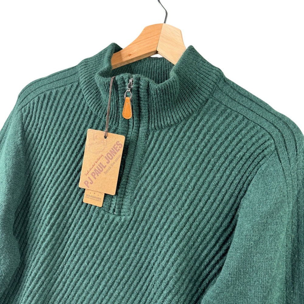 PJ Paul Jones Mens Green Ribbed Quarter Zip Pullover Sweater Mock Neck‎ Size L